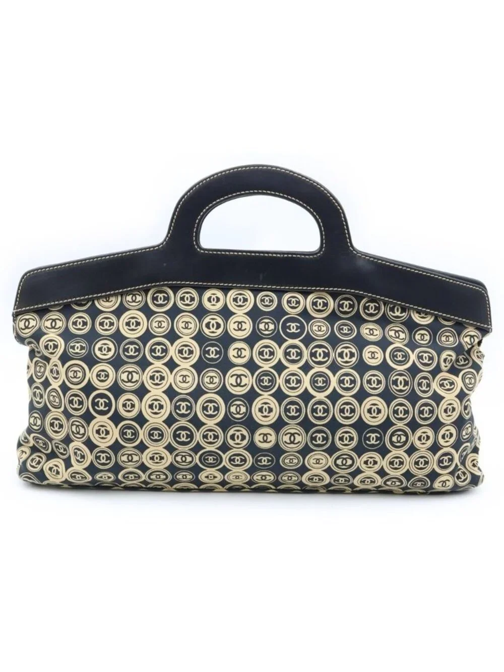 Chanel CC Logo Handbag Leather Cotton Black Beige